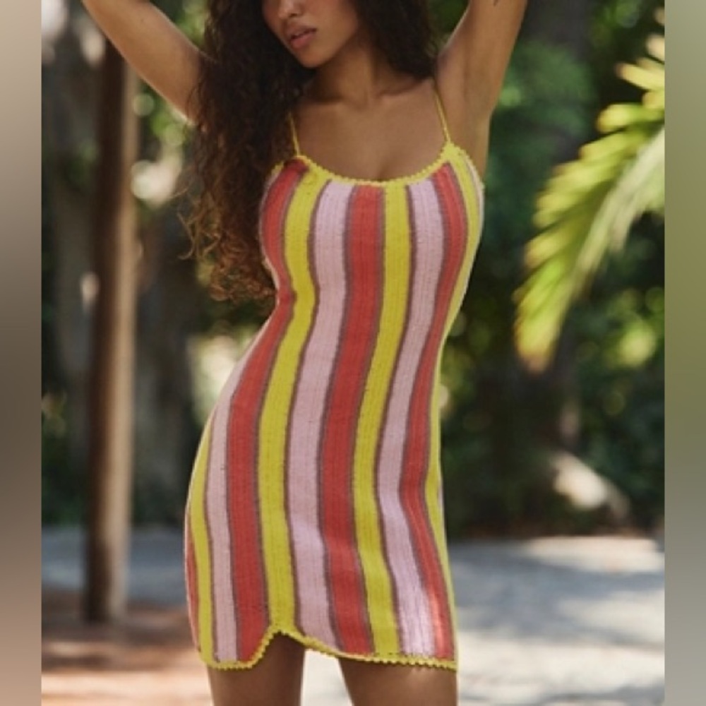 Free People Bali Crochet Popsicle Colorful Striped Open Back Mini Dress